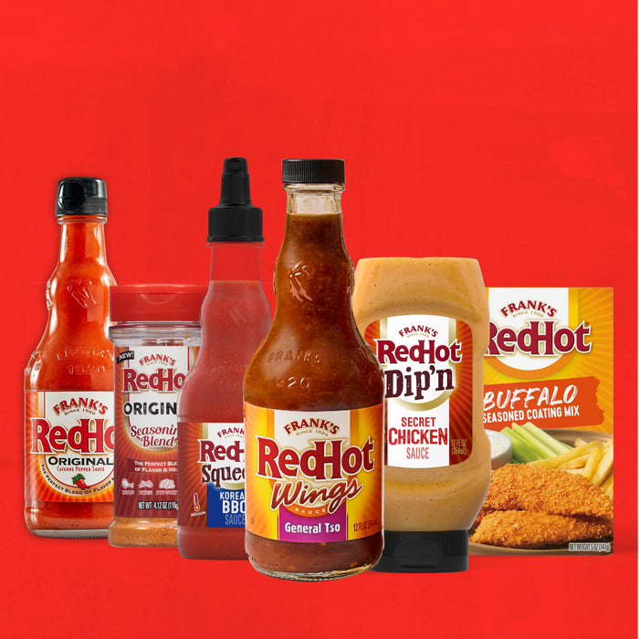 This image showcases a variety of Franks RedHot sauces and seasonings including original cayenne pepper sauce seasoning blend Korean BBQ sauce wings sauce dipn sauce and buffalo seasoned coating mix.