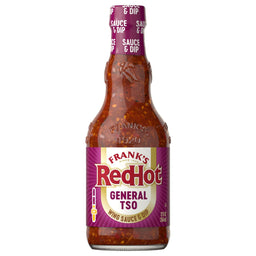 A glass bottle of Franks Red Hot General Tso Wing Hot Sauce Regular 12 Oz is shown with its distinctive purple label against a white background.