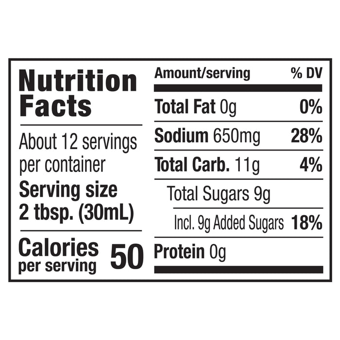 The nutrition facts label for Franks Red Hot General Tso Wing Hot Sauce Regular 12 Oz, indicating that a 2-tablespoon serving contains 50 calories, 650mg of sodium, and 9g of added sugars.
