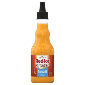 A bottle of Franks RedHot Squeeze Burger Sauce is displayed.