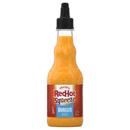 A bottle of Franks RedHot Squeeze Burger Sauce is displayed.
