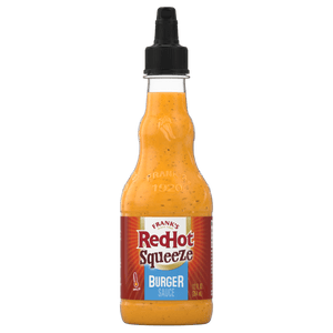 A bottle of Franks RedHot Squeeze Burger Sauce is displayed.