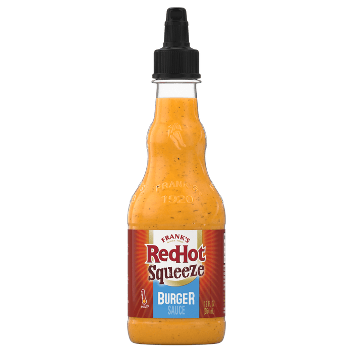 A bottle of Franks RedHot Squeeze Burger Sauce is displayed.