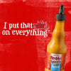A bottle of Frank\s RedHot Squeeze Burger Sauce with the tagline I put that on everything.