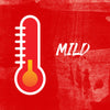 A red thermometer with a low temperature reading and the word mild written in white.