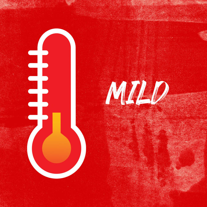 A red thermometer with a low temperature reading and the word mild written in white.