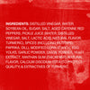 A list of ingredients for a product including distilled vinegar water soybean oil sugar salt aged cayenne red peppers pickle juice spices modified corn starch egg yolks garlic powder onion powder yeast extract xanthan gum natural flavor calcium disodium EDTA and extractives of turmeric.