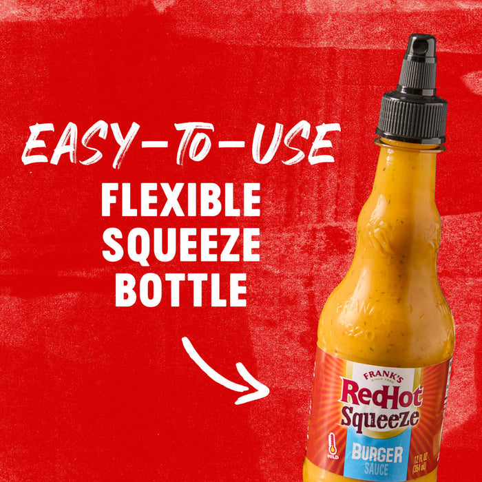 A bottle of Frank\s RedHot Squeeze Burger Sauce on a red background with the text Easy-to-use flexible squeeze bottle.