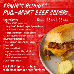 Franks RedHot® Pull-Apart Beef Sliders recipe with ingredients and a picture of the finished product.