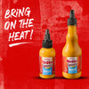 Two bottles of Frank\s RedHot Squeeze Burger Sauce on a red background with the text Bring on the Heat!