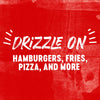 White text on a red background that says Drizzle On with the words hamburgers fries pizza and more underneath.