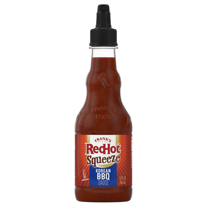 A bottle of Franks RedHot Squeeze Korean BBQ Sauce.