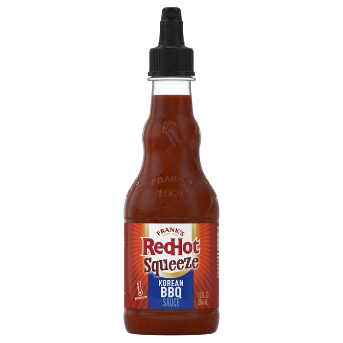 A bottle of Franks RedHot Squeeze Korean BBQ Sauce.