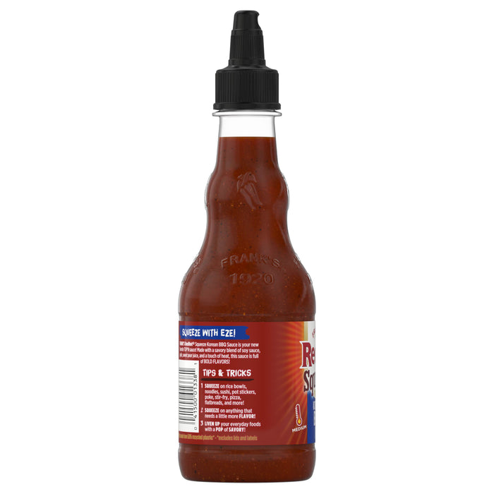 A bottle of Franks RedHot Squeeze Korean BBQ Sauce with tips and tricks on the label.
