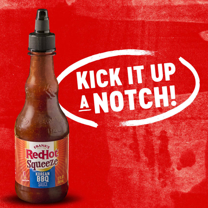 A bottle of Franks RedHot Squeeze Korean BBQ Sauce with the text Kick it up a notch!