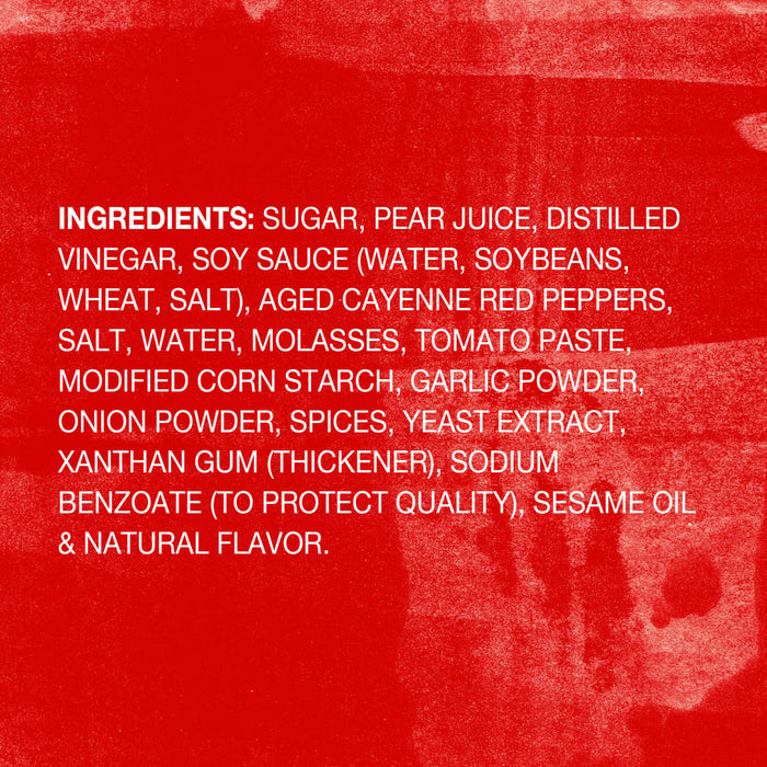 A list of ingredients for a product including sugar pear juice and soy sauce.