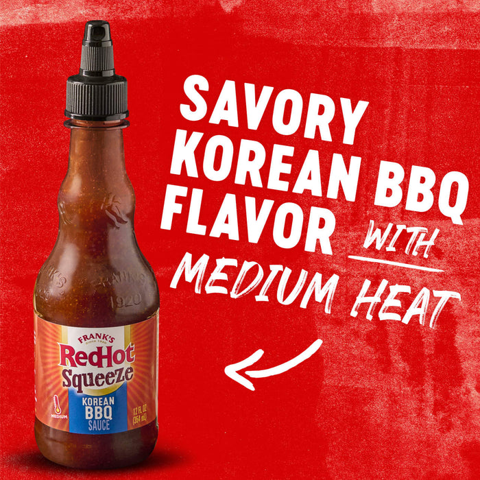 A bottle of Franks RedHot Squeeze Korean BBQ sauce with medium heat.