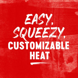 White text on a red background that reads Easy Squeezy Customizable Heat.