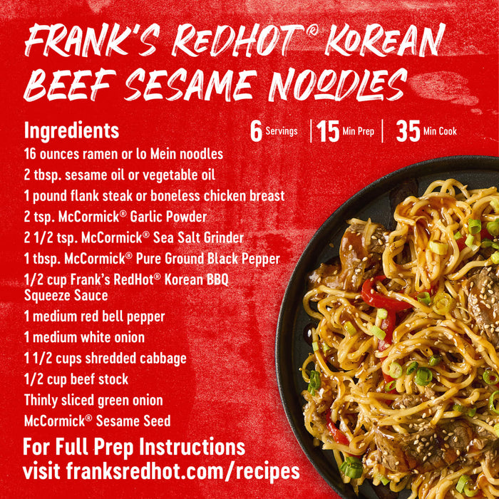 Franks RedHot Korean Beef Sesame Noodles recipe with ingredients and serving information.