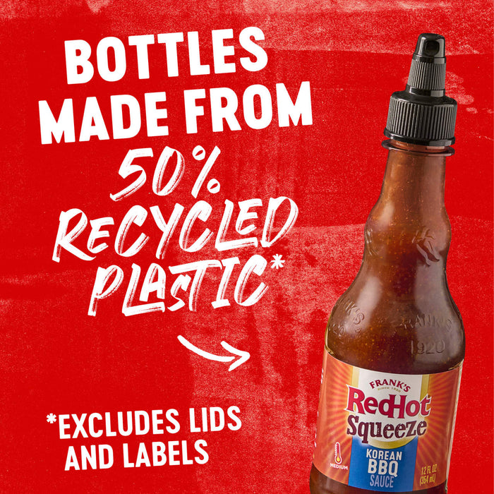 A bottle of Franks RedHot Squeeze Korean BBQ Sauce made from 50% recycled plastic.