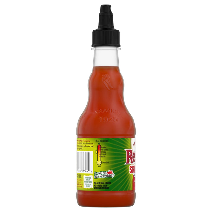 A bottle of Franks RedHot Sriracha sauce with a heat indicator.