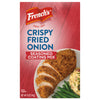 A box of Frenchs Crispy Fried Onion Seasoned Coating Mix with a serving suggestion of breaded chicken mashed potatoes and green beans.