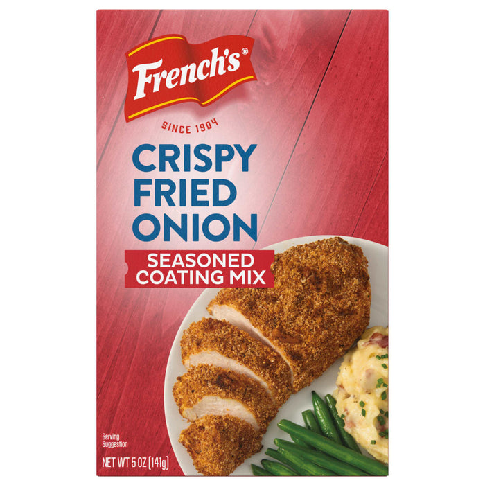 A box of Frenchs Crispy Fried Onion Seasoned Coating Mix with a serving suggestion of breaded chicken mashed potatoes and green beans.