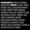A list of ingredients for a product containing wheat flour yeast sugar salt onions palm oil dextrose garlic powder spices paprika chicken fat and water.