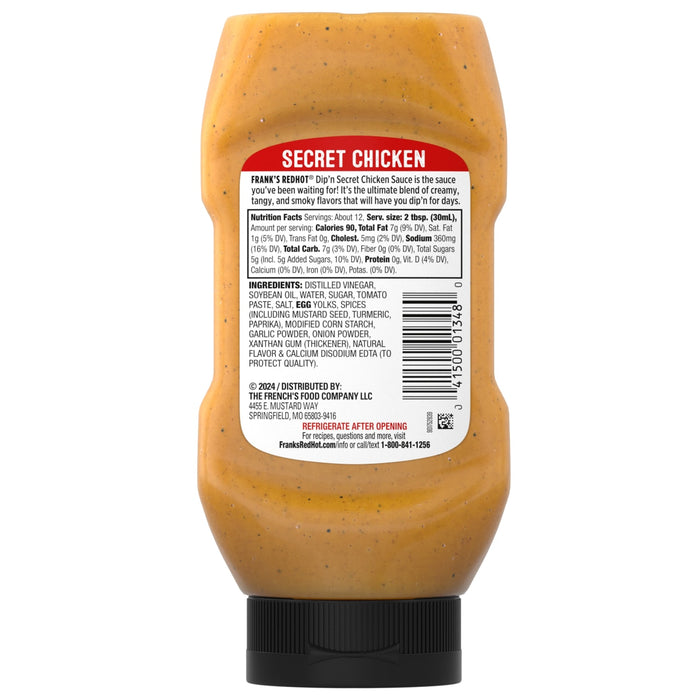 A bottle of Franks RedHot Dipn Secret Chicken Sauce with nutrition facts and ingredients listed on the label.