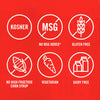 The image shows icons indicating the product is Kosher, MSG free, gluten-free, free of high fructose corn syrup, vegetarian, and dairy-free.