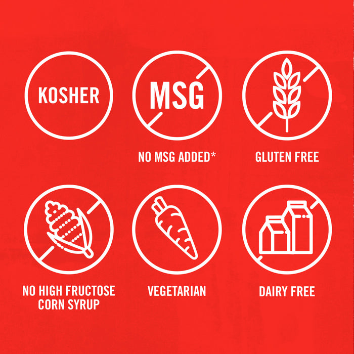 The image shows icons indicating the product is Kosher, MSG free, gluten-free, free of high fructose corn syrup, vegetarian, and dairy-free.