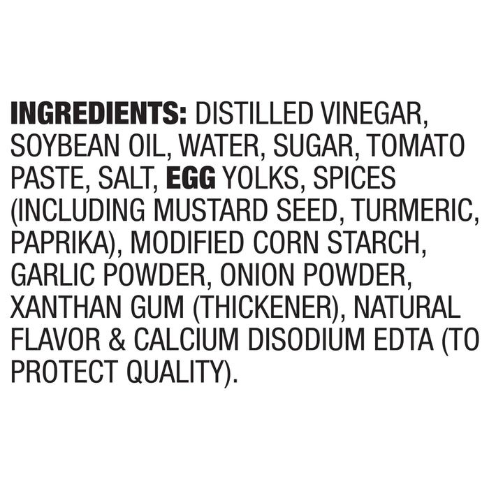 A list of ingredients for a product including distilled vinegar soybean oil water sugar tomato paste salt egg yolks spices and more.
