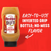 A bottle of Franks RedHot Dipn Secret Chicken Sauce is featured with the text Easy-to-use inverted grip bottle; no-mess flavor on a red background.