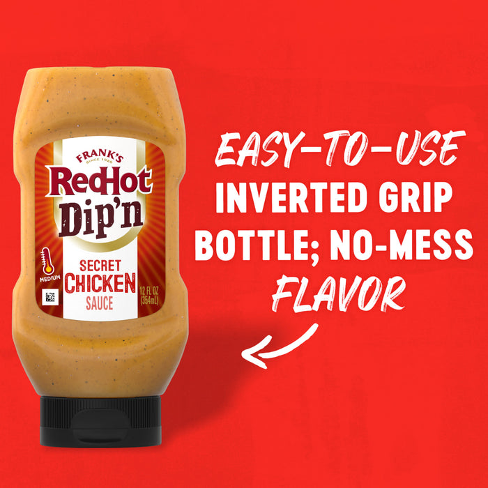 A bottle of Franks RedHot Dipn Secret Chicken Sauce is featured with the text Easy-to-use inverted grip bottle; no-mess flavor on a red background.