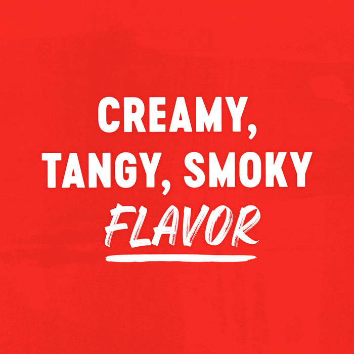 The image displays the words Creamy Tangy Smoky Flavor in white text against a red background.