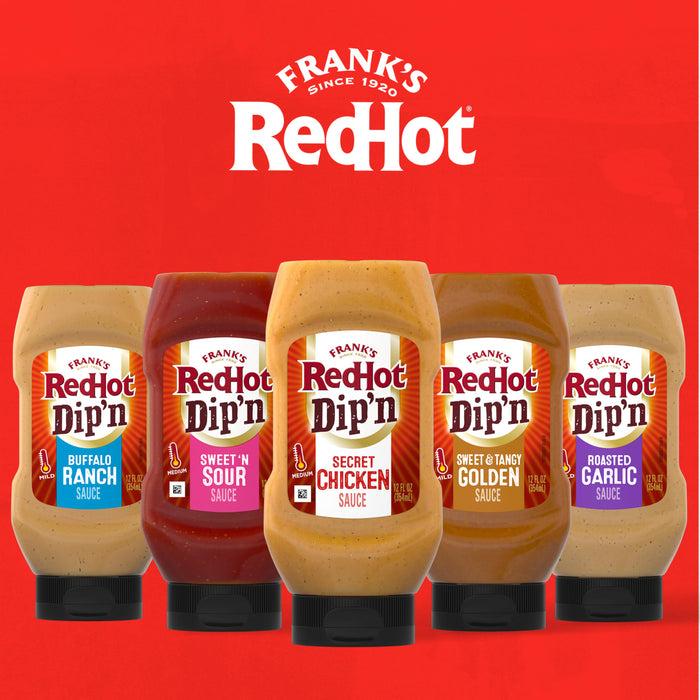 Franks RedHot Dipn sauces in Buffalo Ranch Sweet n Sour Secret Chicken Sweet &amp; Tangy Golden and Roasted Garlic flavors are displayed against a red background.