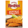 A box of Franks RedHot Buffalo Seasoned Coating Mix with a serving suggestion of breaded chicken tenders french fries celery sticks and ranch dressing.
