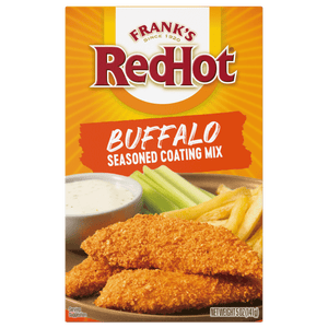 A box of Franks RedHot Buffalo Seasoned Coating Mix with a serving suggestion of breaded chicken tenders french fries celery sticks and ranch dressing.