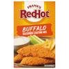 A box of Franks RedHot Buffalo Seasoned Coating Mix with a serving suggestion of breaded chicken tenders french fries celery sticks and ranch dressing.