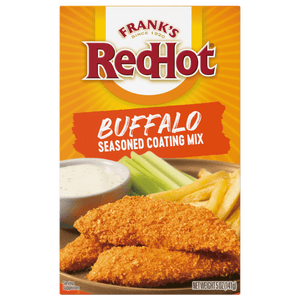 A box of Franks RedHot Buffalo Seasoned Coating Mix with a serving suggestion of breaded chicken tenders french fries celery sticks and ranch dressing.