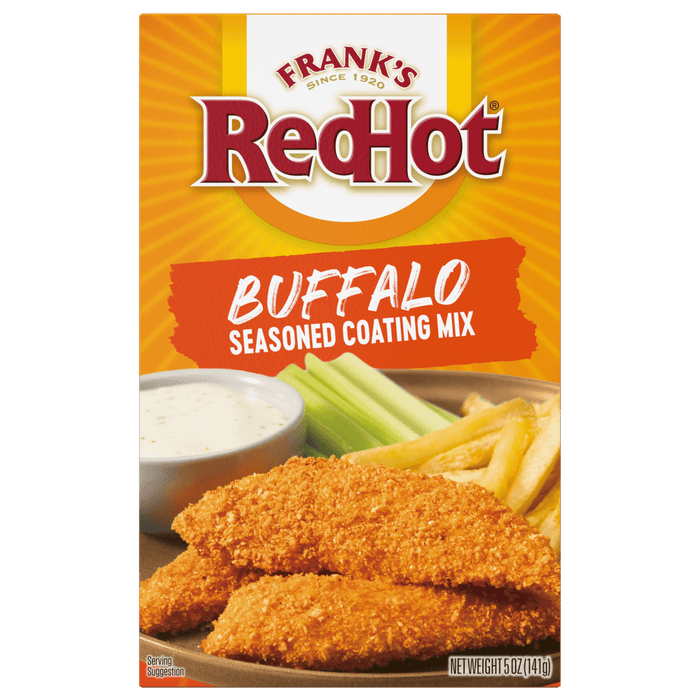 A box of Franks RedHot Buffalo Seasoned Coating Mix with a serving suggestion of breaded chicken tenders french fries celery sticks and ranch dressing.