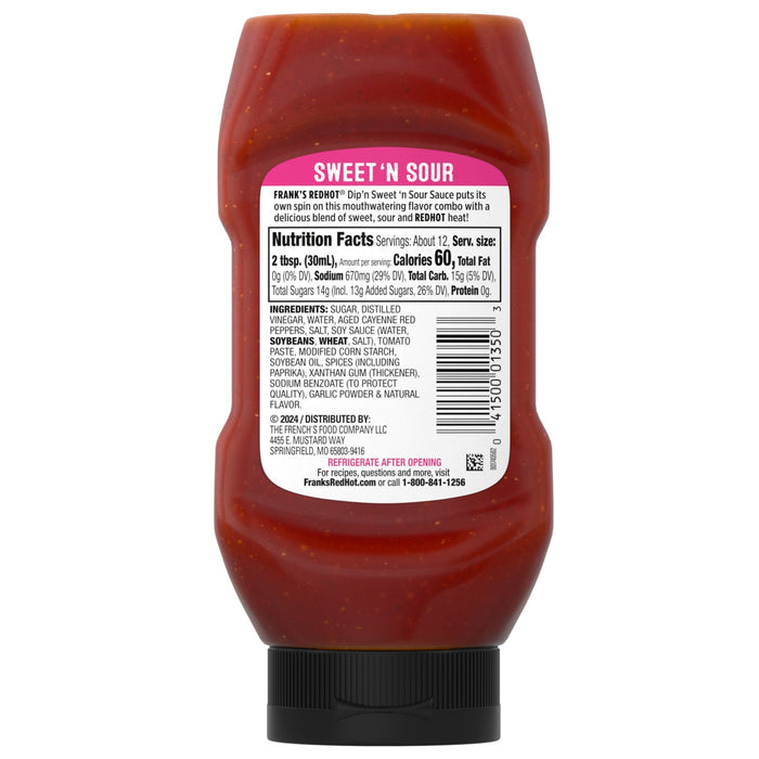 A bottle of Franks RedHot Sweet n Sour Sauce with nutrition facts and ingredients listed on the label.