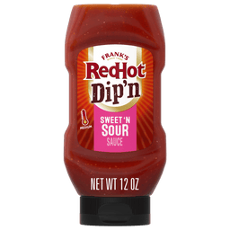 A bottle of Franks RedHot Dipn Sweet N Sour Sauce with a net weight of 12 oz.