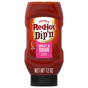 A bottle of Franks RedHot Dipn Sweet N Sour Sauce with a net weight of 12 oz.