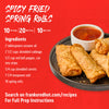 A recipe card for Spicy Fried Spring Rolls listing ingredients and directing users to franksredhot.com/recipes for full preparation instructions.