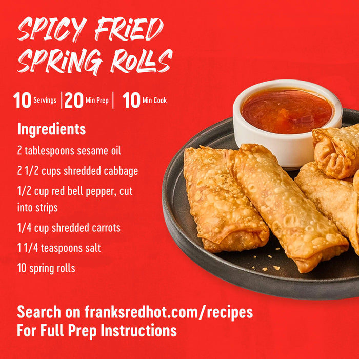 A recipe card for Spicy Fried Spring Rolls listing ingredients and directing users to franksredhot.com/recipes for full preparation instructions.