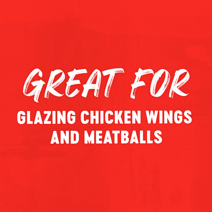 The image promotes the product as being great for glazing chicken wings and meatballs.