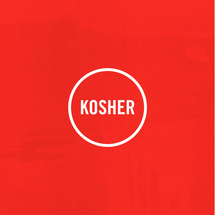 The Kosher logo features the word KOSHER inside a white circle on a red background.