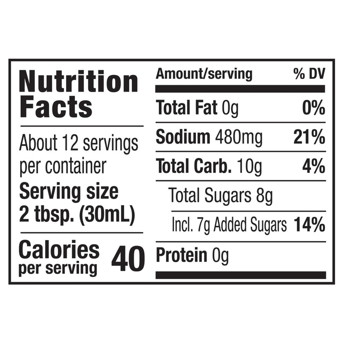 The nutrition facts label for Franks Red Hot Mango Habanero Regular Hot Sauce Regular 12 Oz, indicating that one serving contains 40 calories, 480mg of sodium, and 10g of total carbohydrates.