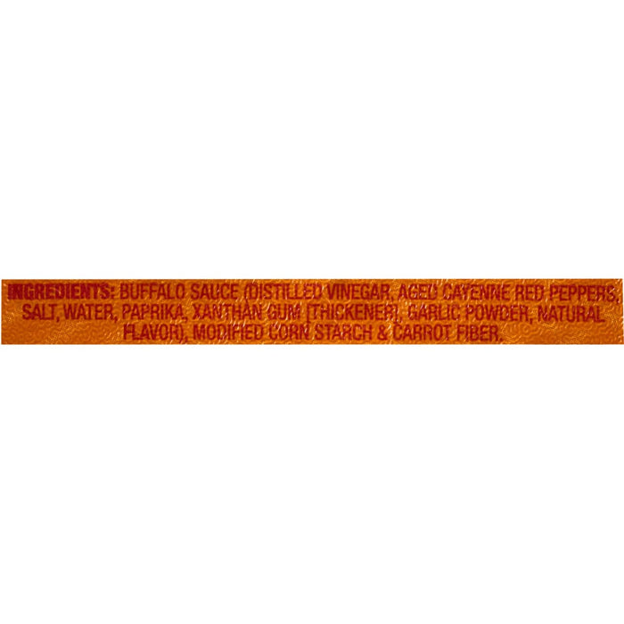 The image shows the ingredients list for a buffalo sauce, including distilled vinegar, aged cayenne red peppers, salt, water, paprika, xanthan gum, garlic powder, natural flavor, modified corn starch, and carrot fiber.